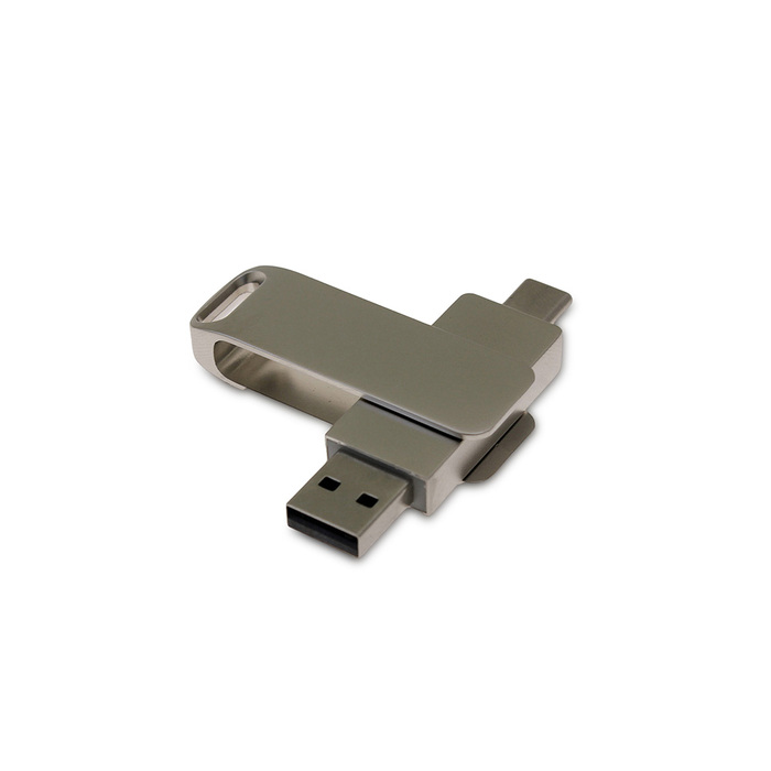 USB 2.0- флешка на 64 Гб поворотный механизм 2 в 1, c дополнительным разъемом Type-C с одноцветным металлическим клипом, серый